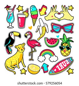 Fashion summer patches with flamingo, fruits, cocktail, surf board, sunglasses, etc. Vector illustration isolated on white background. Set of stickers, pins, patches in cartoon 80s-90s trendy style.