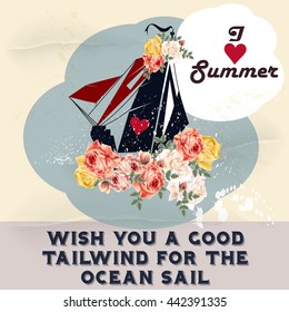 Fashion summer poster in retro style with ship flowers and red heart ideal for T-shirts print save the date cards wedding and other