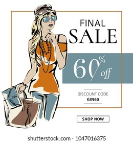 Fashion summer sale banner with woman fashion silhouette, online shopping social media ads web template with beautiful girl. Vector illustration art