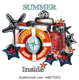 Fashion summer vector background with camera and starfishes. Rest and vacation concept