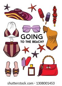 
fashion summer Vector set of woman beach accessories swimsuit hand drawn travel objects Classic style