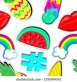 Fashion summer  wallpapers. Seamless pattern with pineapples, watermelon, lips, icecream on white background. Bright summer sticker illustration. ackground for textile, prints, paper products