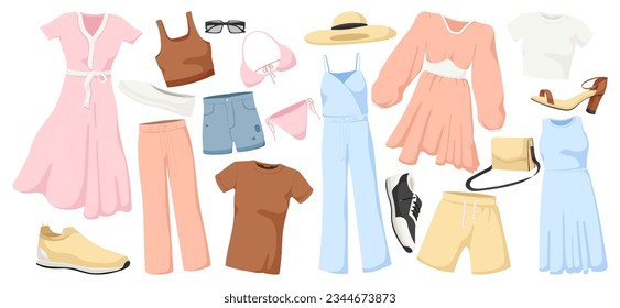 Colección de ropa de mujer de verano de moda. Conjunto femenino. Vestido, sombrero, ropa, ropa, caricatura, zapatos, ropa informal elegante, pantalones cortos, calzado. Aislado sobre fondo blanco. Ilustración vectorial.