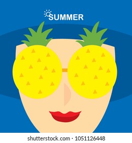 Fashion summer woman, Pineapple sun glasses and navy hat on blue background vector.