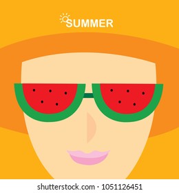 Fashion summer woman, Watermelon slice sun glasses and dark orange hat on orange background vector.