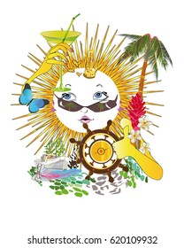 Fashion Sun with a  crown and a handwheel. Summer abstract composition.
