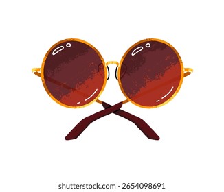 Fashion sunglasses with golden frame and brown lenses. Stylish sun shades with round shapes of glasses. Circle eyeglasses, eyewear. Trendy summer accessory. Flat isolated vector illustration on white