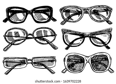 Fashion sunglasses. Hand drawn vector illustration. Vintage decorative design elements. Hand drawn eyeglass frames, doodle eyewear. Male and female glasses isolated fashion vector vintage set