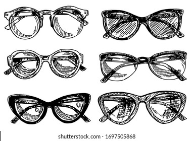 Fashion sunglasses. Hand drawn vector illustration. Vintage decorative design elements. Hand drawn eyeglass frames, doodle eyewear. Male and female glasses isolated fashion vector vintage set