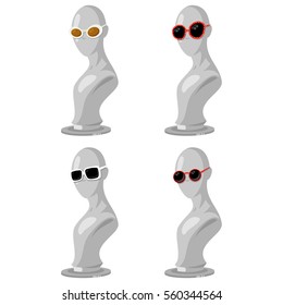 Fashion sunglasses on a mannequin. Vector set of glasses of different shapes and colors isolated on white background.