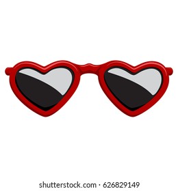 Fashion sunglasses in a red plastic frame heart shape. Vector cartoon icon isolated on a white background.