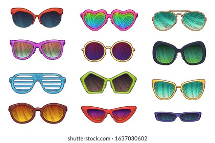 Fashion sunglasses set isolated on white background - cartoon retro and modern glasses with colorful frames and different shapes. Flat vector illustration.