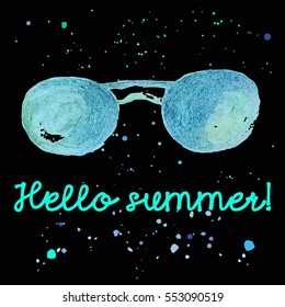 Fashion sunglasses watercolor illustrations with text greetings summer. Vector design. Watercolor blue glasses on a black background. Vintage tortoise sunglasses. sign-hello summer! Vector