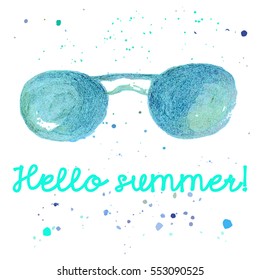 Fashion sunglasses watercolor illustrations with text greetings summer. Vector design. Watercolor blue glasses on a white background. Vintage tortoise sunglasses. sign-hello summer! Vector