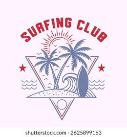 Etiqueta de impressão de vetor de vestuário de surf de moda com palmas, praia e surf