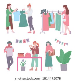 Fashion swap party set of women characters exchanging second hand clothes, flat vector illustration isolated on white background. Reduce in consumption eco concept.