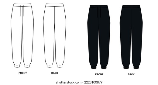 Fashion sweatpants with elastic band, front and back view, vector. Set of joggers templates for for design.