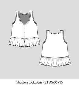 fashion tank ruffles crop top sleeveless tank v neck button panel ruffle detail peplum fashion flounce flare hem  flat sketch technical drawing template design vector