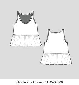 fashion tank ruffles crop top sleeveless tank scoop neck peplum fashion flounce flare hem  flat sketch technical drawing template design vector