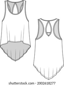 Fashion Tank top muscle back with detail and v shape hem technical flat sketch drawing 