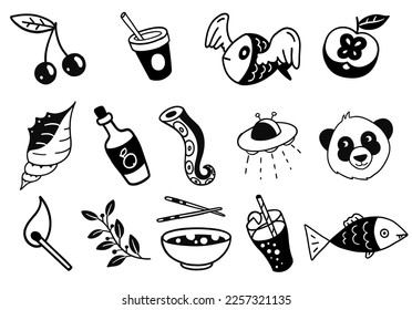 Juego de iconos de tatuajes de moda. Objetos para garabatos. Blanco y negro. Ilustración dibujada a mano por vectores.