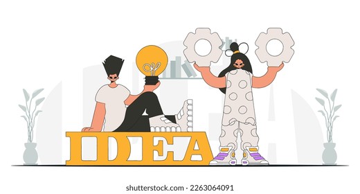 El equipo de moda genera ideas y resuelve problemas. Bombilla y marchas en sus manos. Ilustración sobre el tema de la aparición de una idea.