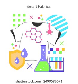 Fashion Tech concept. Advanced clothing with integrated technology for enhanced functionality. Molecular structure and scientific innovation. Vector illustration.