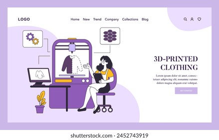 Concepto de tecnología de moda. Un diseñador que crea ropa con una impresora 3D, combinando tecnología moderna con la creación de ropa. Innovación en la industria de la moda. Ilustración vectorial.