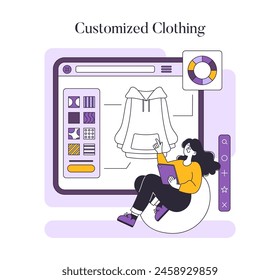 Fashion tech concept. Digital customization of clothing with a woman using a tablet on a user interface. Personalized fashion design. Vector illustration.