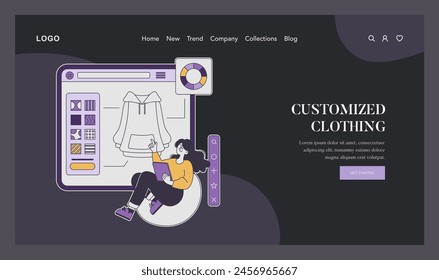 Fashion Tech concept. Digital platform for custom clothing design with a user selecting options. Personalized fashion creativity online. Vector illustration.
