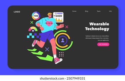 Fashion Tech concept. Dynamic landing page design showcasing wearable technology with fitness tracking features. Vector illustration.