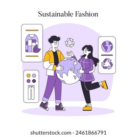 Concepto de tecnología de moda. Adoptar prendas ecológicas a través de prácticas de moda sostenibles. Consumidores conscientes del medio ambiente e integración de la tecnología digital. Ilustración vectorial.