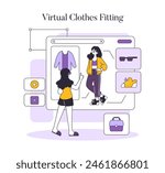 Fashion tech concept. Exploring digital wardrobe options with virtual clothes fitting. Online shopping, modern retail experience. Vector illustration.