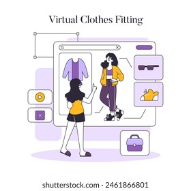 Fashion tech concept. Exploring digital wardrobe options with virtual clothes fitting. Online shopping, modern retail experience. Vector illustration.