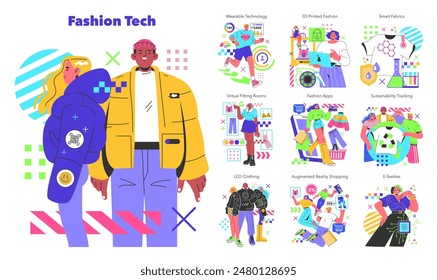 Fashion Tech concept. Integrating technology in style with wearable tech, 3D printed outfits, and smart textiles. Eco-friendly and digital innovations. Vector illustration.