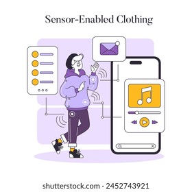 Fashion Tech concept. Interactive sensor-enabled clothing paired with a smartphone app for multifunctional use. Stylish wearable technology integration. Vector illustration.