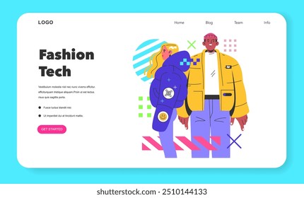 Fashion Tech concept. Modern stylish couple showcasing wearable technology and smart clothing on a trendy website interface. Vector illustration.