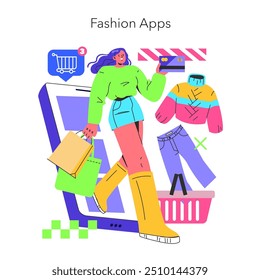 Concepto de tecnología de la moda. Integración perfecta de compras en línea y descubrimiento de estilo en App de moda moderna. Una mujer interactúa con la ropa en una plataforma digital. Ilustración vectorial.