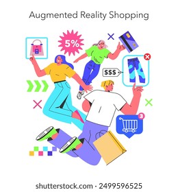 Fashion Tech concept. Shoppers interact with virtual items and discounts in augmented reality. Digital transformation in retail. Vector illustration.