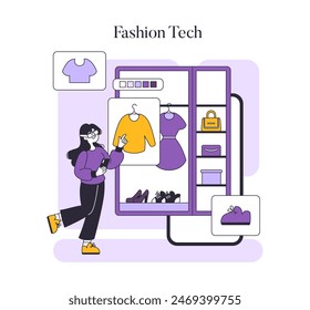 Fashion tech concept. User engaging with a virtual wardrobe interface, selecting clothes and accessories seamlessly. Digital shopping experience. Vector illustration.