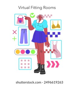 Fashion Tech Konzept. Eine Frau erkundet Optionen in einem virtuellen Fitnessraum, Auswahl von Kleidung und Zubehör. Digitale Innovation im Einzelhandel. Vektorgrafik.