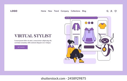 Fashion Tech concept. Woman interacts with a virtual stylist robot choosing outfits on a digital interface. Online personal fashion advisor. Vector illustration.