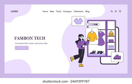 Fashion tech concept. Woman interacts with a digital wardrobe interface showcasing clothing and accessories. Modern shopping experience. Vector illustration.