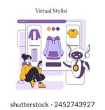 Fashion tech concept. A woman uses a smartphone app with a virtual stylist robot for personalized fashion advice. Digital wardrobe selection. Vector illustration.