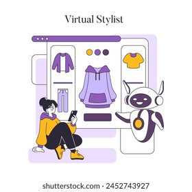 Concepto de tecnología de moda. Una mujer usa un App de smartphone con un robot estilista virtual para un asesoramiento personalizado de moda. Selección de armario digital. Ilustración vectorial.