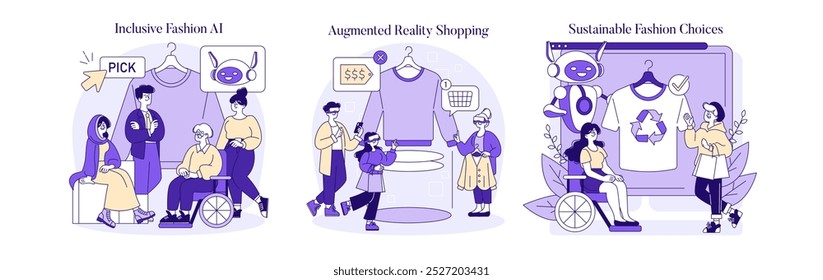 Fashion tech set. Inclusive AI stylist, augmented reality shopping, sustainable fashion choices illustrated with diverse characters. Vector illustration.