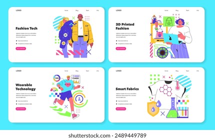 Fashion Tech set. Innovative wearables and advanced textiles merge style with digital technology. Interactive design elements for modern attire. Vector illustration.