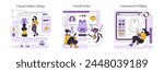 Fashion Tech set. Virtual clothes fitting, stylist assistance, and custom clothing design. Integrating technology in fashion for enhanced user experience. Vector illustration.