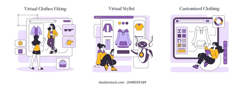 Fashion Tech set. Virtual clothes fitting, stylist assistance, and custom clothing design. Integrating technology in fashion for enhanced user experience. Vector illustration.