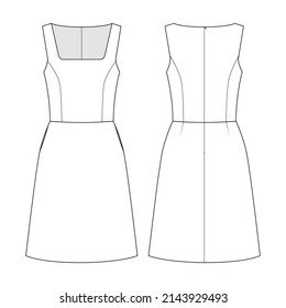 Fashion Technial Drawing Of Short Sleeveless Dress With Square Neckline